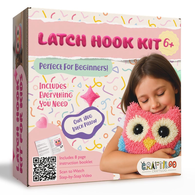 CRAFTILOO Latch Hook Kit for Kids Rug DIY Pillow Craft with Hook, Precut Yarn, Easy to Follow Pattern Cute Designs with Wise Owl Ages 6+ - Image 1
