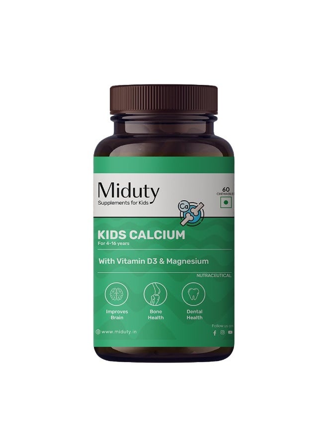 Miduty Kids Calcium - Vitamin D3, K2 & Magnesium - Strong Bones & Teeth - Mint-Flavored, Sugar-Free Calcium Supplement for Active & Picky Eaters - 60 - Image 1