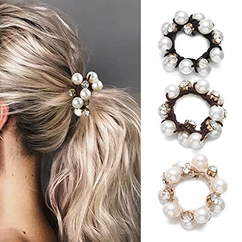 Brinie Pearl Hair Ties Black Ponytail Holders Elastic Crystal Hair Scrunchies Pearl Hair Accessories for Women and Girls (Pack of 3) - Image 1