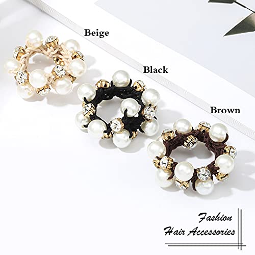 Brinie Pearl Hair Ties Black Ponytail Holders Elastic Crystal Hair Scrunchies Pearl Hair Accessories for Women and Girls (Pack of 3) - Image 2