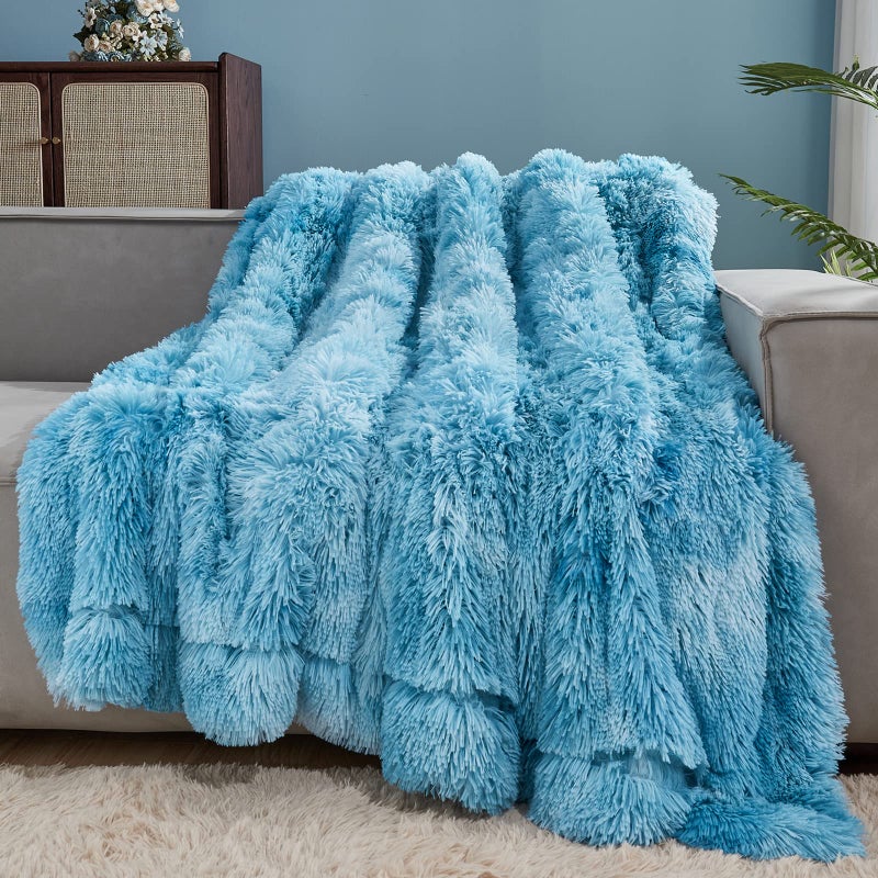 GONAAP Fuzzy Faux Fur Throw Blanket Twin Size Tiedye Ocean Blue Super Soft Cozy Plush Fuzzy Shaggy Blanket for Couch Sofa Bed Tiedye Ocean Blue Twin60x80