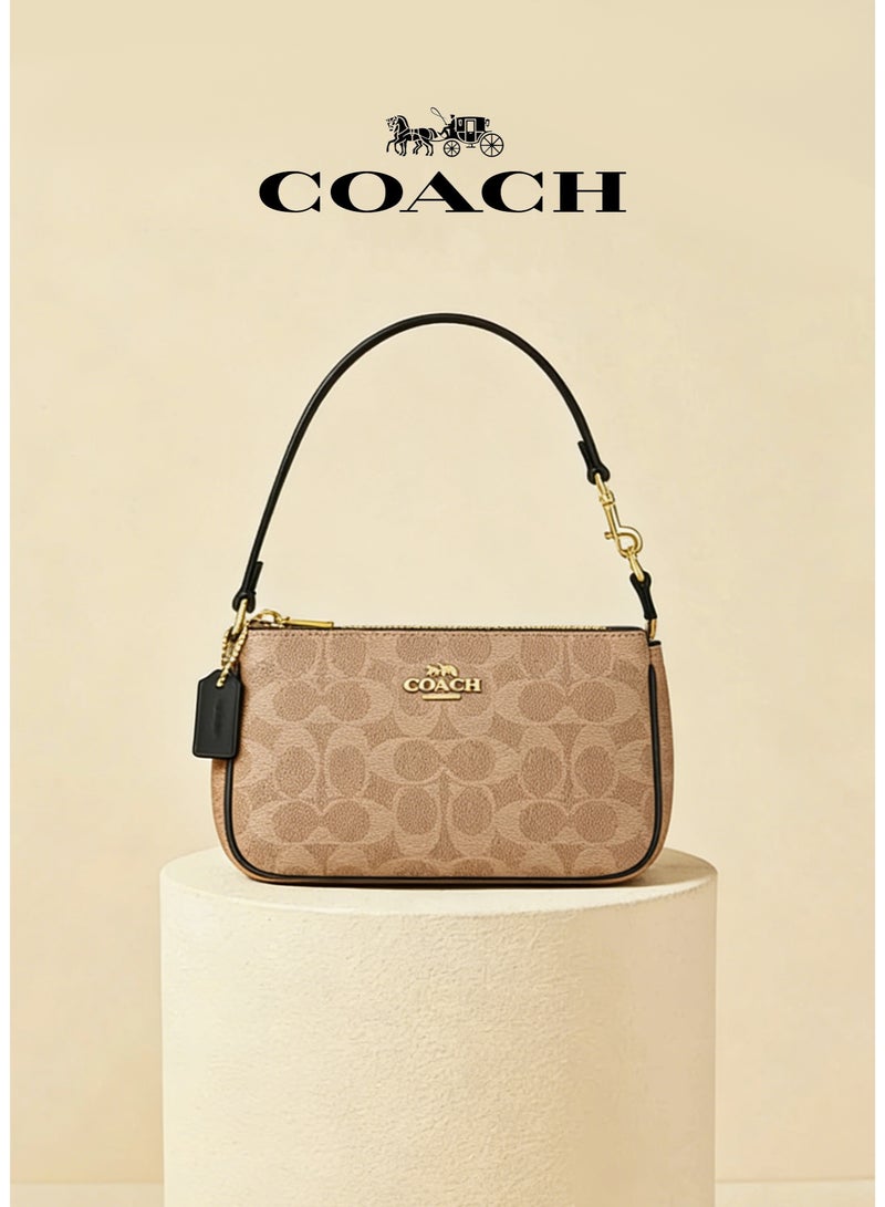 coachoutlet Coach Classic Nolita Shoulder Bag, Tan Signature Canvas, Black Leather Accents, Gold Hardware, Compact Purse Fits 6.1-inch Phone - Image 1