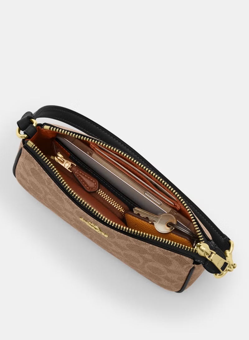 coachoutlet Coach Classic Nolita Shoulder Bag, Tan Signature Canvas, Black Leather Accents, Gold Hardware, Compact Purse Fits 6.1-inch Phone - Image 3