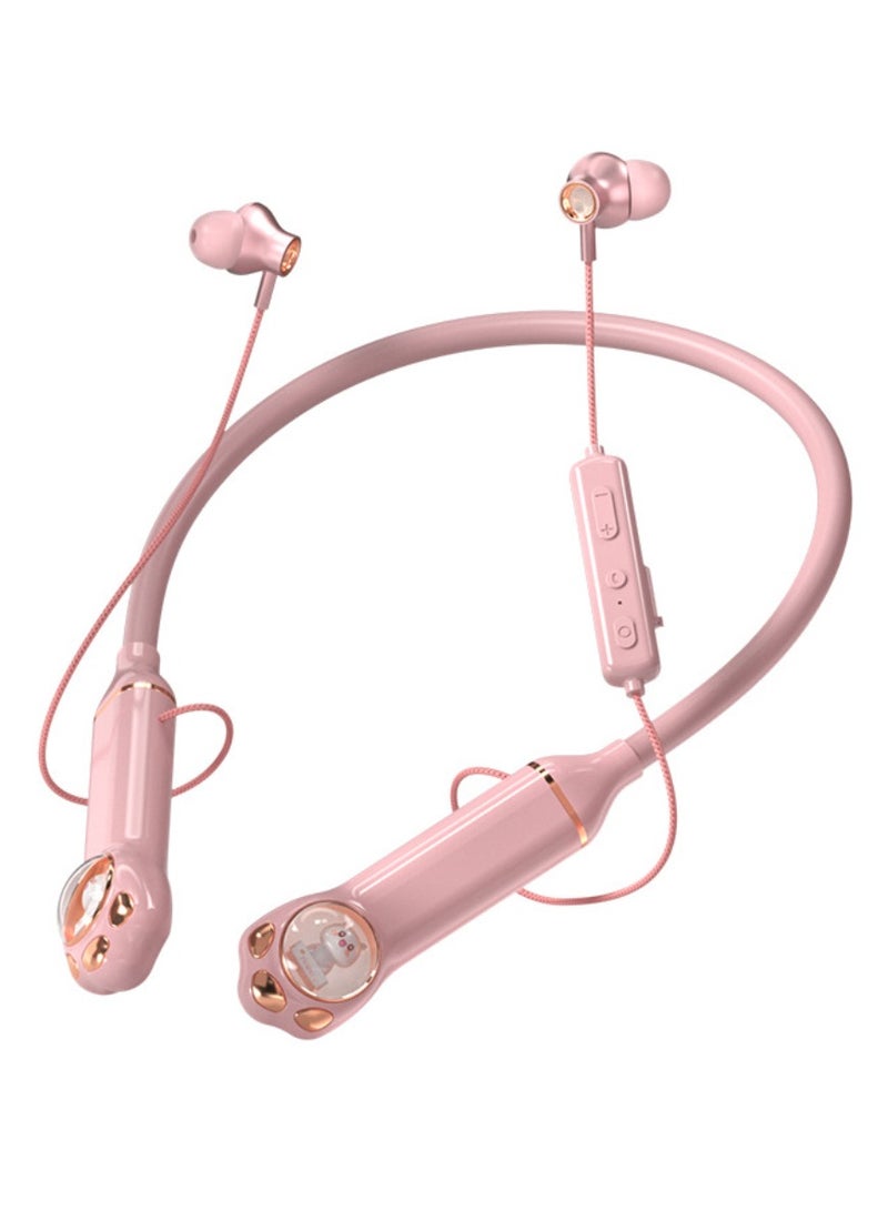 caijin Neck hanging Bluetooth headset, wireless neck hanging sports headset, in-ear real space capsule luminous Bluetooth headset, waterproof, with microphone, bilateral stereo, suitable for sports, study, travel (pink) - Image 1