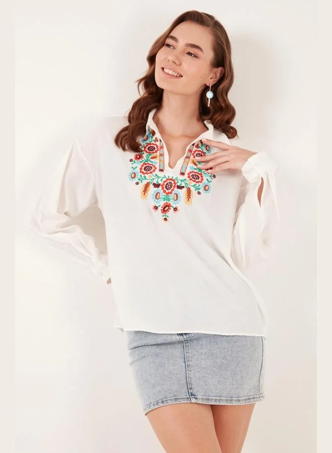 Lela Lela Cotton Regular Fit Embroidered Blouse Women's Blouse 611BZ0181
