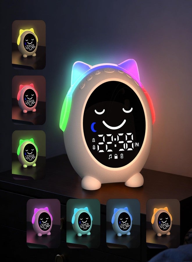 ساعة منبه للأطفال من MRSCOZ لتدريب النوم، ساعة تنبيه للاستيقاظ، ساعة منبه على شكل قطة لطيفة للبنات والأولاد الصغار مع 10 أضواء ليلية، 9 أصوات موسيقية، مؤقت إيقاف تلقائي، لون أبيض كريمي - Image 1