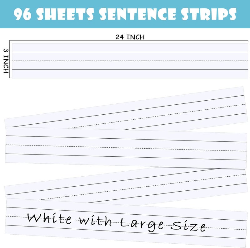 Outus 96 Strips Ruled Sentence Strips, 3 x 24 Inches Sentence Strips for Teacher Word Strips Sentence Strips Lined Multicolored Sentence Strips for School Students Office Supplies (White) - Image 3