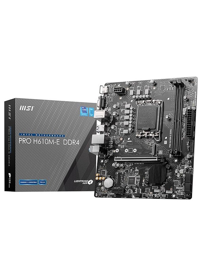 MSI PRO H610M-E DDR4 Motherboard, Micro-ATX - Supports Intel 12th Gen Core Processors, LGA 1700-2 x DIMMs (3200MHz), 1x PCIe 4.0 x16 slot, 1 x M.2 Gen3, USB 3.2 Gen1, 1G LAN, HDMI 1.4 & VGA Black  - Image 1