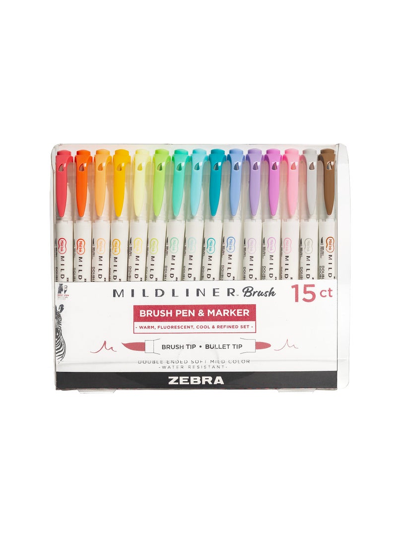 ZEBRA Zebra Pen Mildliner Brush Marker, Double Ended Brush and Fine Tip Pen, Assorted Soft Colors, 15 Count (Pack of 1)  - Image 1