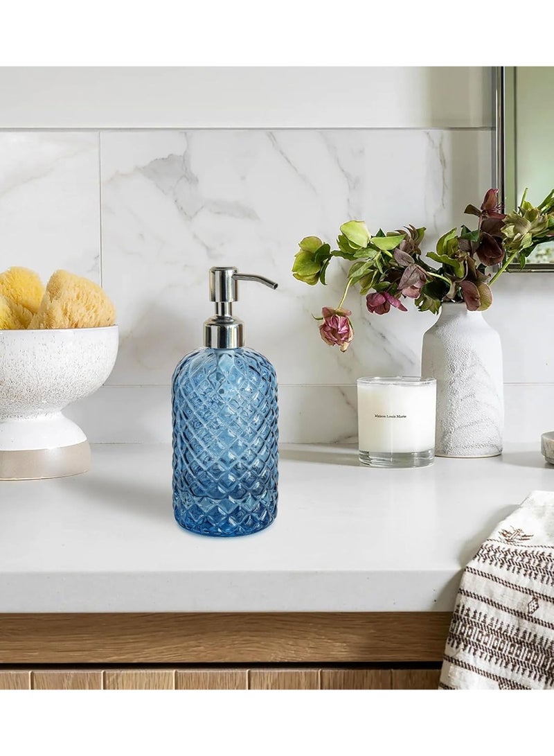 صن سباير 18 أونصة (حوالي 510.3 جم) موزع صابون زجاجي للمطبخ بنمط جوهرة ، موزع معقم لليدين قابل لإعادة التعبئة مع مضخة من الفولاذ المقاوم للصدأ مقاومة للصدأ ، موزع صابون شفاف للحمام لصابون الأطباق ، صابون اليدين ، غسول (أزرق) - Image 2