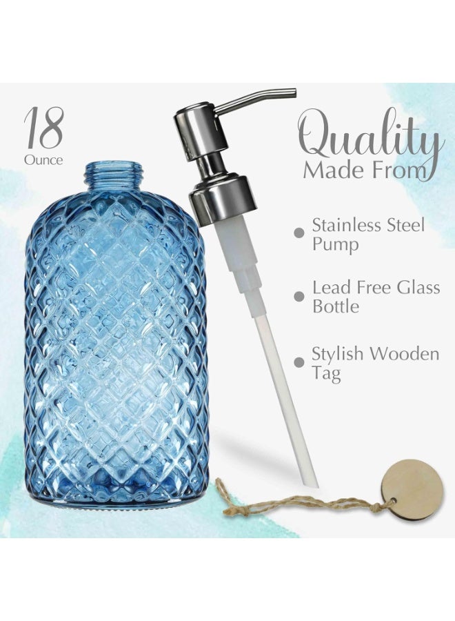 صن سباير 18 أونصة (حوالي 510.3 جم) موزع صابون زجاجي للمطبخ بنمط جوهرة ، موزع معقم لليدين قابل لإعادة التعبئة مع مضخة من الفولاذ المقاوم للصدأ مقاومة للصدأ ، موزع صابون شفاف للحمام لصابون الأطباق ، صابون اليدين ، غسول (أزرق) - Image 3
