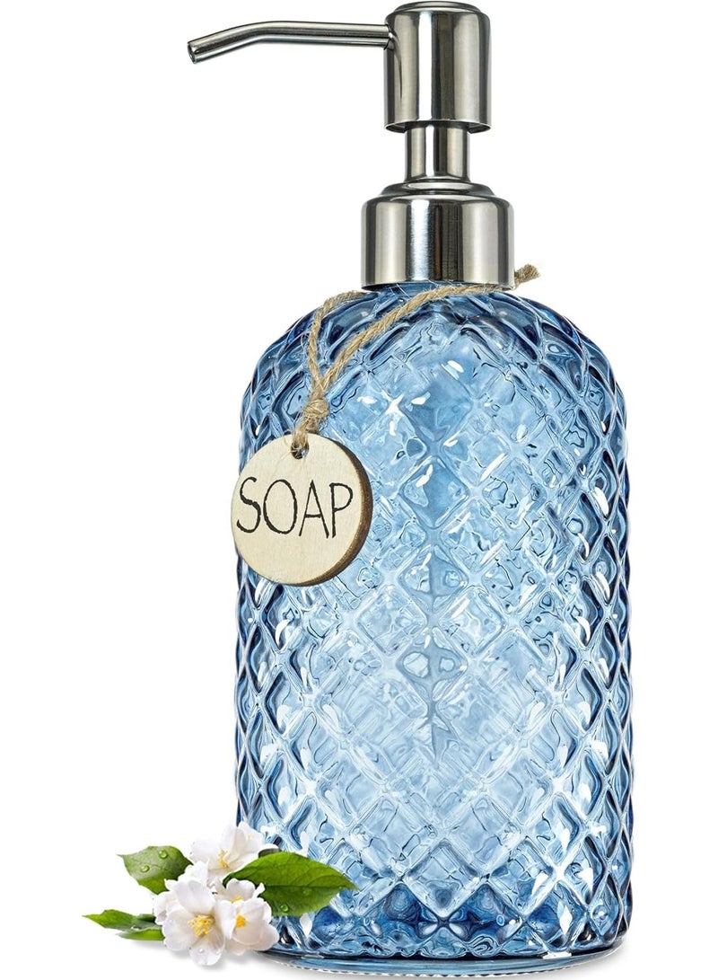 صن سباير 18 أونصة (حوالي 510.3 جم) موزع صابون زجاجي للمطبخ بنمط جوهرة ، موزع معقم لليدين قابل لإعادة التعبئة مع مضخة من الفولاذ المقاوم للصدأ مقاومة للصدأ ، موزع صابون شفاف للحمام لصابون الأطباق ، صابون اليدين ، غسول (أزرق) - Image 1