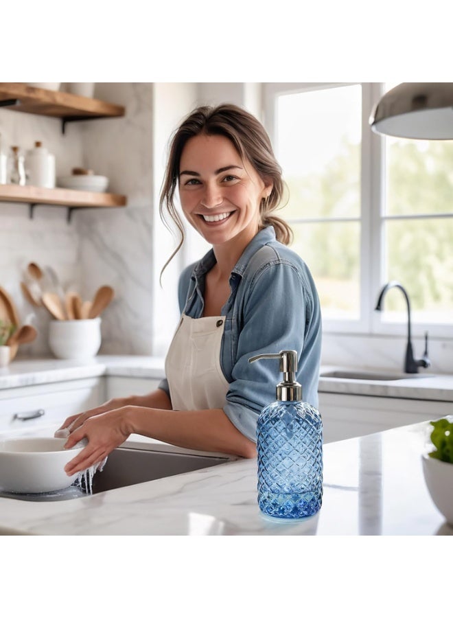 صن سباير 18 أونصة (حوالي 510.3 جم) موزع صابون زجاجي للمطبخ بنمط جوهرة ، موزع معقم لليدين قابل لإعادة التعبئة مع مضخة من الفولاذ المقاوم للصدأ مقاومة للصدأ ، موزع صابون شفاف للحمام لصابون الأطباق ، صابون اليدين ، غسول (أزرق) - Image 4
