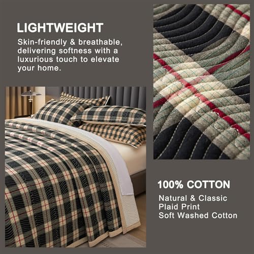 tohrisa Cotton Plaid Quilt Set, Ultra Soft 3 Pieces Queen Size Bedding with 2 Pillow Shams, Lightweight Reversible Coverlet Bedspread with Wave Quilting for Summer, 90"x96", Grid- Black Red - Image 4
