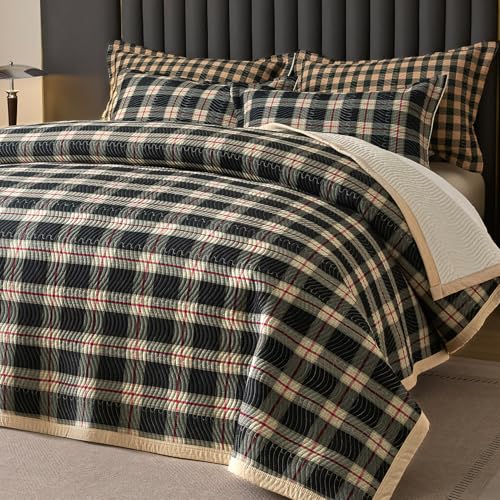 tohrisa Cotton Plaid Quilt Set, Ultra Soft 3 Pieces Queen Size Bedding with 2 Pillow Shams, Lightweight Reversible Coverlet Bedspread with Wave Quilting for Summer, 90"x96", Grid- Black Red - Image 1