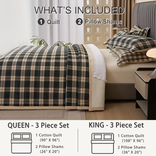 tohrisa Cotton Plaid Quilt Set, Ultra Soft 3 Pieces Queen Size Bedding with 2 Pillow Shams, Lightweight Reversible Coverlet Bedspread with Wave Quilting for Summer, 90"x96", Grid- Black Red - Image 5