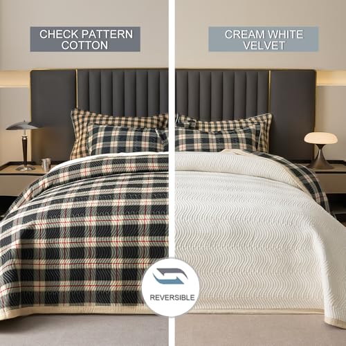 tohrisa Cotton Plaid Quilt Set, Ultra Soft 3 Pieces Queen Size Bedding with 2 Pillow Shams, Lightweight Reversible Coverlet Bedspread with Wave Quilting for Summer, 90"x96", Grid- Black Red - Image 2