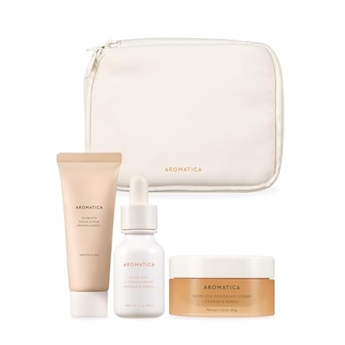 AROMATICA Glow Vita Trial Kit - Travel Size Skin Care Set [Vitamin C Serum 0.5 fl. oz, Facial Scrub 0.5 fl. oz, Goodnight Cream with Retinol 1oz] - Travel Kit for Women - Image 1