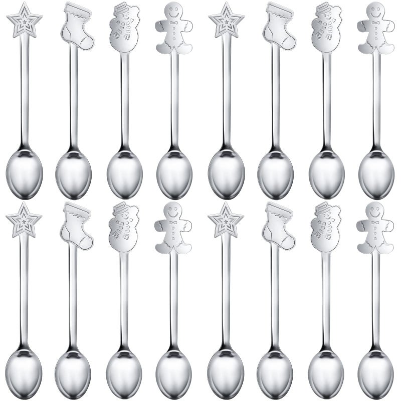 Skyley 32 Pieces Christmas Spoon Set Stirring Creative Stainless Steel Coffee Tea Soup Dessert for Drink Mixing Milkshake 4 Styles Silver 123 cm24 cm