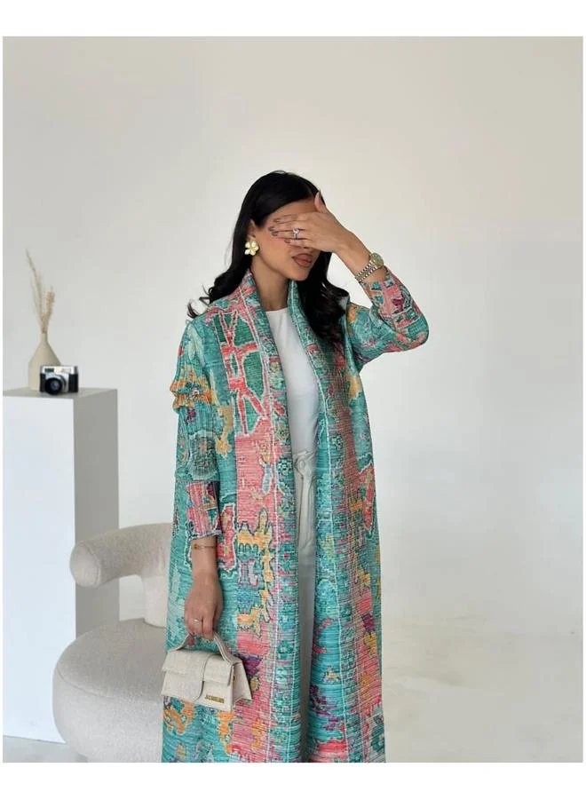 تايك تو Multi-Color All Over Print Open Front Textured Abaya