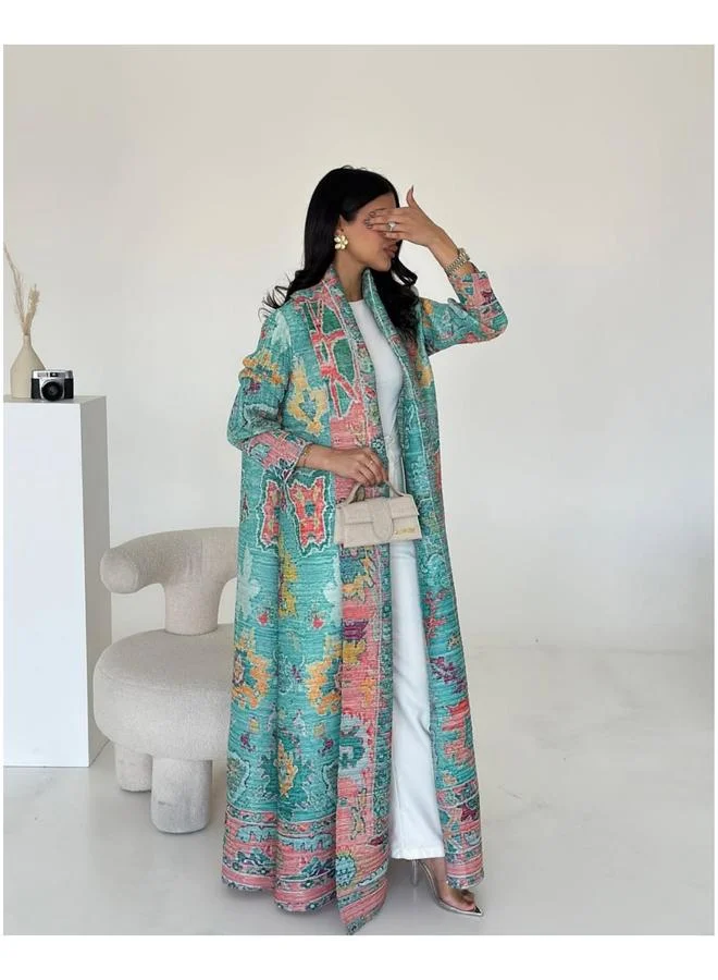 تايك تو Multi-Color All Over Print Open Front Textured Abaya