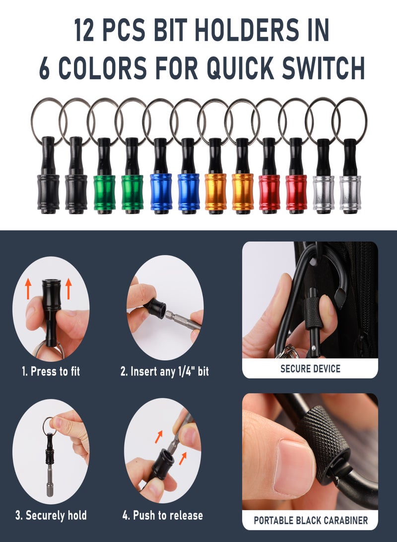 Katerk 1/4inch Hex Shank Aluminum Alloy Screwdriver Bits Holder Extension Bar Drill Screw Adapter Change Keychain Portable（6PC color with black carabiner）, Includes 105° Right Angle Drill - Image 2