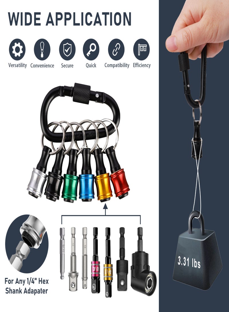 Katerk 1/4inch Hex Shank Aluminum Alloy Screwdriver Bits Holder Extension Bar Drill Screw Adapter Change Keychain Portable（6PC color with black carabiner）, Includes 105° Right Angle Drill - Image 3