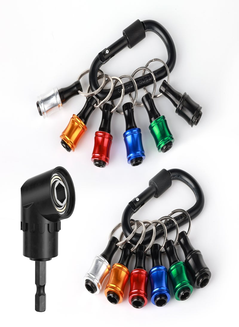 Katerk 1/4inch Hex Shank Aluminum Alloy Screwdriver Bits Holder Extension Bar Drill Screw Adapter Change Keychain Portable（6PC color with black carabiner）, Includes 105° Right Angle Drill - Image 1