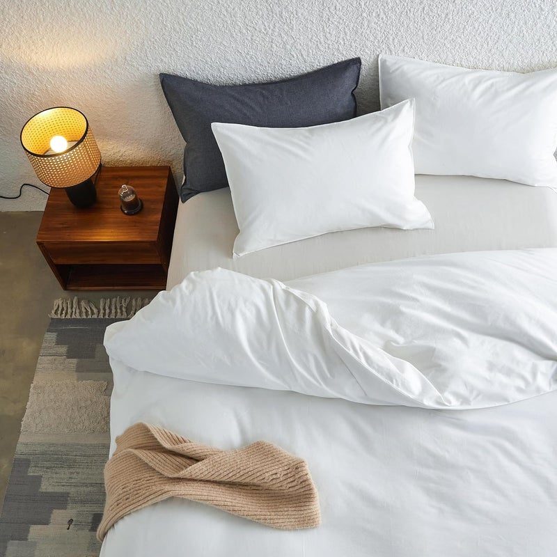 Simple&Opulence Duvet Cover Set 100% Washed Cotton Comfy Soft Breathable Cozy Textured Solid Color Comforter Cover for All Seasons Bedding Sets, White Double 200x200cm - Image 4