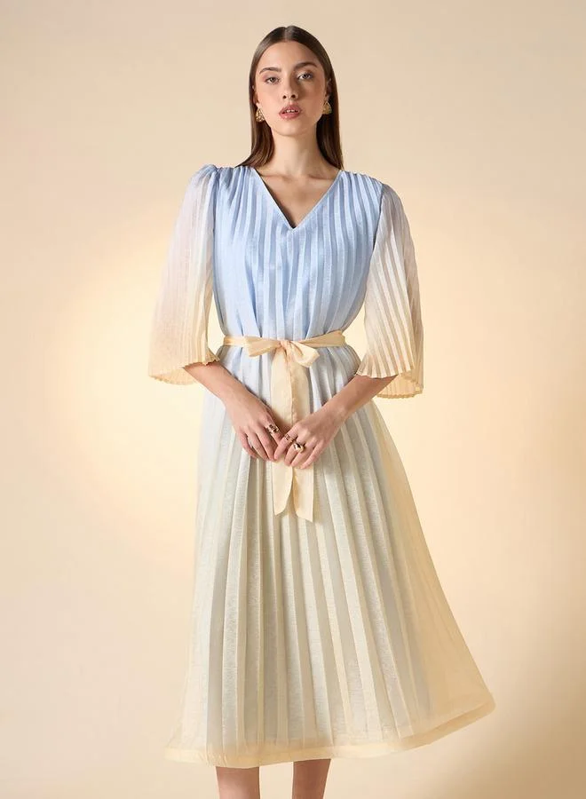 Iconic Iconic Pleated V-neck Dress with Tie-Up Belt and Flared Sleeves