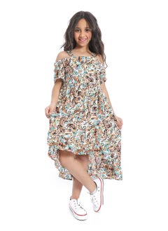 Andora Off-Shoulders Floral Girls Dress_White,Orange & Blue  - Image 1