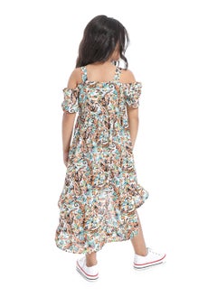 Andora Off-Shoulders Floral Girls Dress_White,Orange & Blue  - Image 4