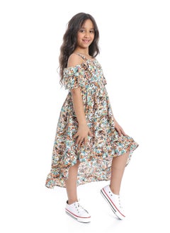 Andora Off-Shoulders Floral Girls Dress_White,Orange & Blue  - Image 3