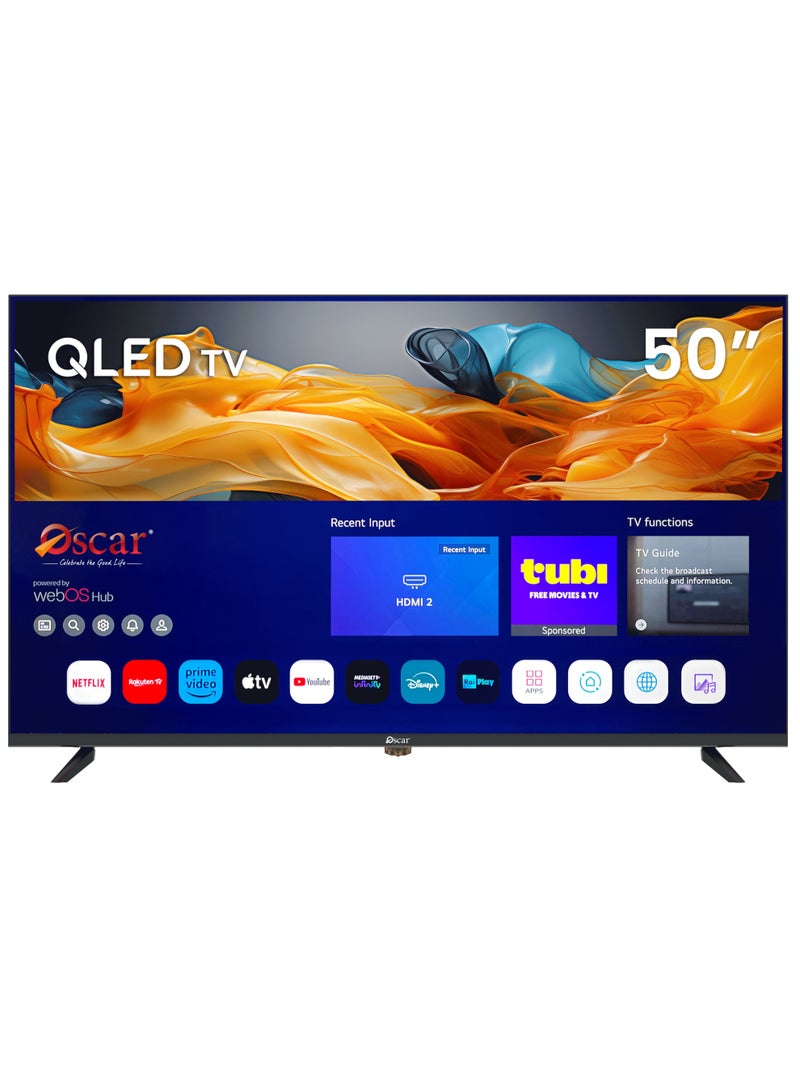 تلفزيون أوسكار الذكي QLED مقاس 50 بوصة، نطاق ألوان عالي بنسبة 90% DCI-P3، شاشة بدون إطار، يدعم Apple AirPlay وMiracast لعكس الشاشة، متوافق مع Apple Home، تلفزيون ذكي باللغتين الإنجليزية والعربية، تلفزيون بإطار نحيف - OS50QLEDWP