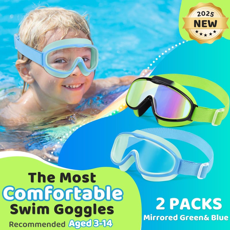 Vvinca Kids Goggles with Comfort Fabric Strap, Kids Swim Goggles Wide View Anti-Fog/UV No Leaking Swimming Goggles for 3-14 - Image 2