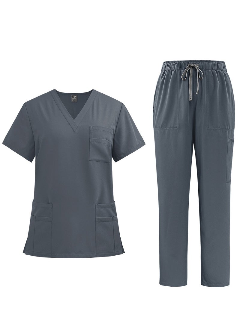 NiaaHinn Womens Men Medical Scrubs Set Unisex Scrub Top and Scrub Pant Set Medical Uniform Scrubs Medical Uniform Set (Grey)  - Image 1