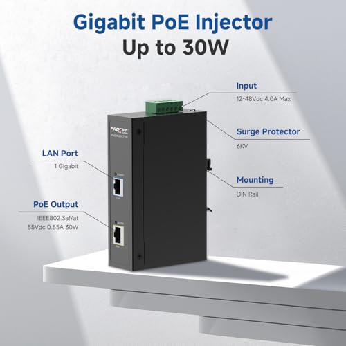 PROCET PoE System PROCET Gigabit PoE Injector DIN Rail 30W PoE+ Power Injector, 6KV Surge Protection, -40℉ to 149℉ for Access Point, PTZ/AI Camera, Micro Wave Radio, Smart Factory, Digital Information Kiosks - Image 2