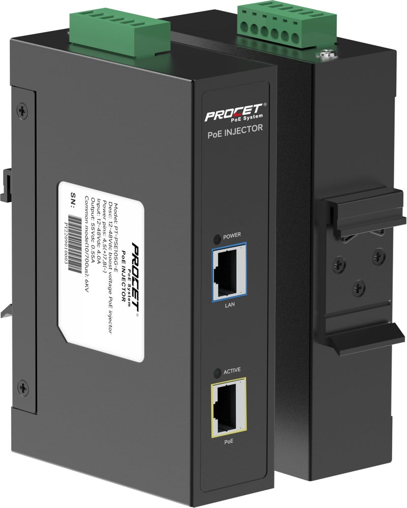 PROCET PoE System PROCET Gigabit PoE Injector DIN Rail 30W PoE+ Power Injector, 6KV Surge Protection, -40℉ to 149℉ for Access Point, PTZ/AI Camera, Micro Wave Radio, Smart Factory, Digital Information Kiosks - Image 1