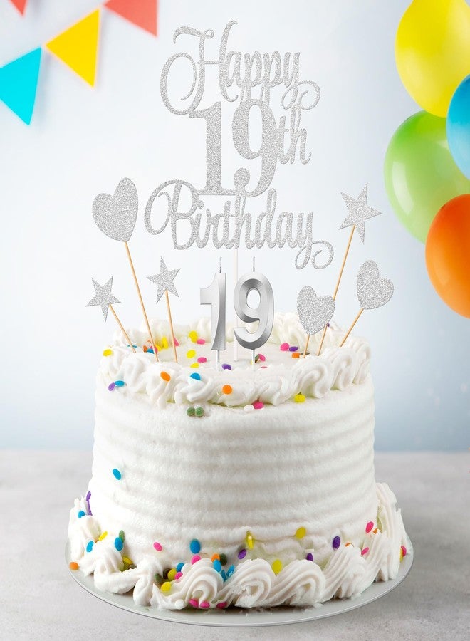 Lecferrarc 19th Birthday Cake Decorations, 19th Birthday Candles Cake Numeral Candles and Glitter Happy 19th Birthday Cake Toppers Set for Birthday Party Supplies (Silver) - Image 5