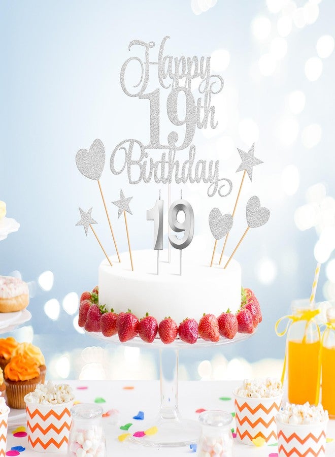 Lecferrarc 19th Birthday Cake Decorations, 19th Birthday Candles Cake Numeral Candles and Glitter Happy 19th Birthday Cake Toppers Set for Birthday Party Supplies (Silver) - Image 3