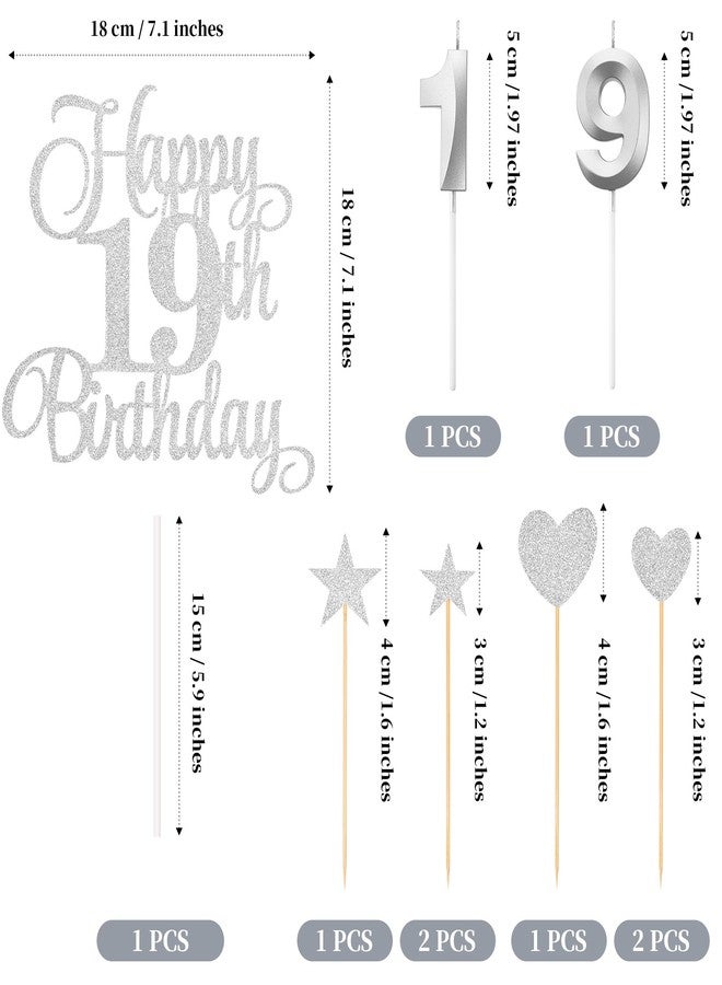 Lecferrarc 19th Birthday Cake Decorations, 19th Birthday Candles Cake Numeral Candles and Glitter Happy 19th Birthday Cake Toppers Set for Birthday Party Supplies (Silver) - Image 2