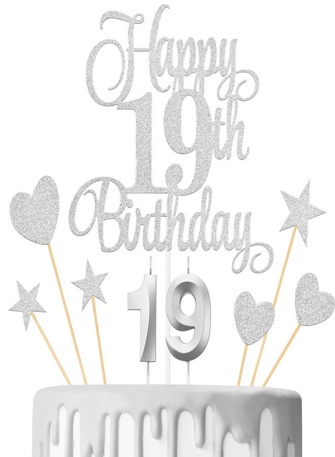 Lecferrarc 19th Birthday Cake Decorations, 19th Birthday Candles Cake Numeral Candles and Glitter Happy 19th Birthday Cake Toppers Set for Birthday Party Supplies (Silver) - Image 1