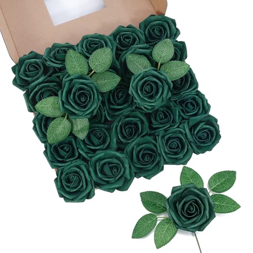 DuHouse 50Pcs Artificial Roses Flowers Fake Roses with Stems Real Touch Foam Flowers for DIY Wedding Bouquet Party Centerpiece Floral Arrangement Party Home DecorHunt Green - Image 1