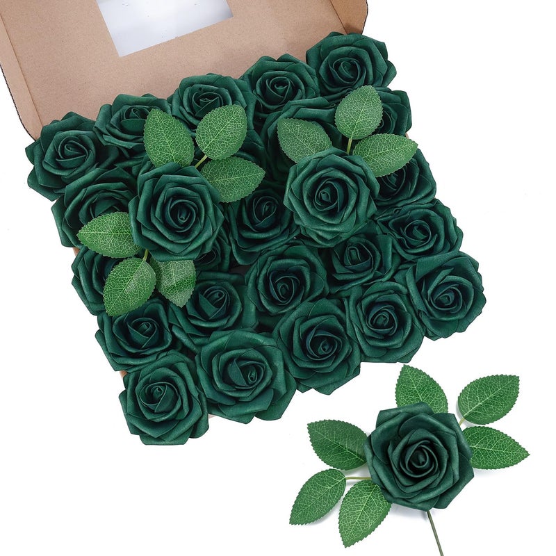 DuHouse 50Pcs Artificial Roses Flowers Fake Roses with Stems Real Touch Foam Flowers for DIY Wedding Bouquet Party Centerpiece Floral Arrangement Party Home DecorHunt Green - Image 2