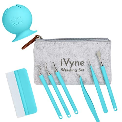 iVyne (8pcs) Premium Vinyl Weeding Tool Kit & Weeding Scrap Collector Soft Grip Tools with Berry, Weeder, Tweezers, Picker Or Hook, and Scraper Set for Silhouette Cameos & Cricut - Blue - Image 1