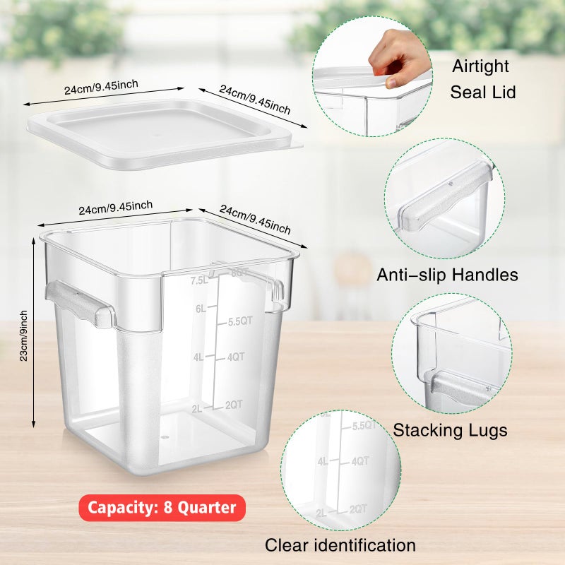 FoldTier 2 Pieces Square Food Storage Containers Polycarbonate Clear food Container with Lid Commercial Storage with Graduations for Commercial Kitchen Dough Marinating Meat(White,8 Qt) - Image 2