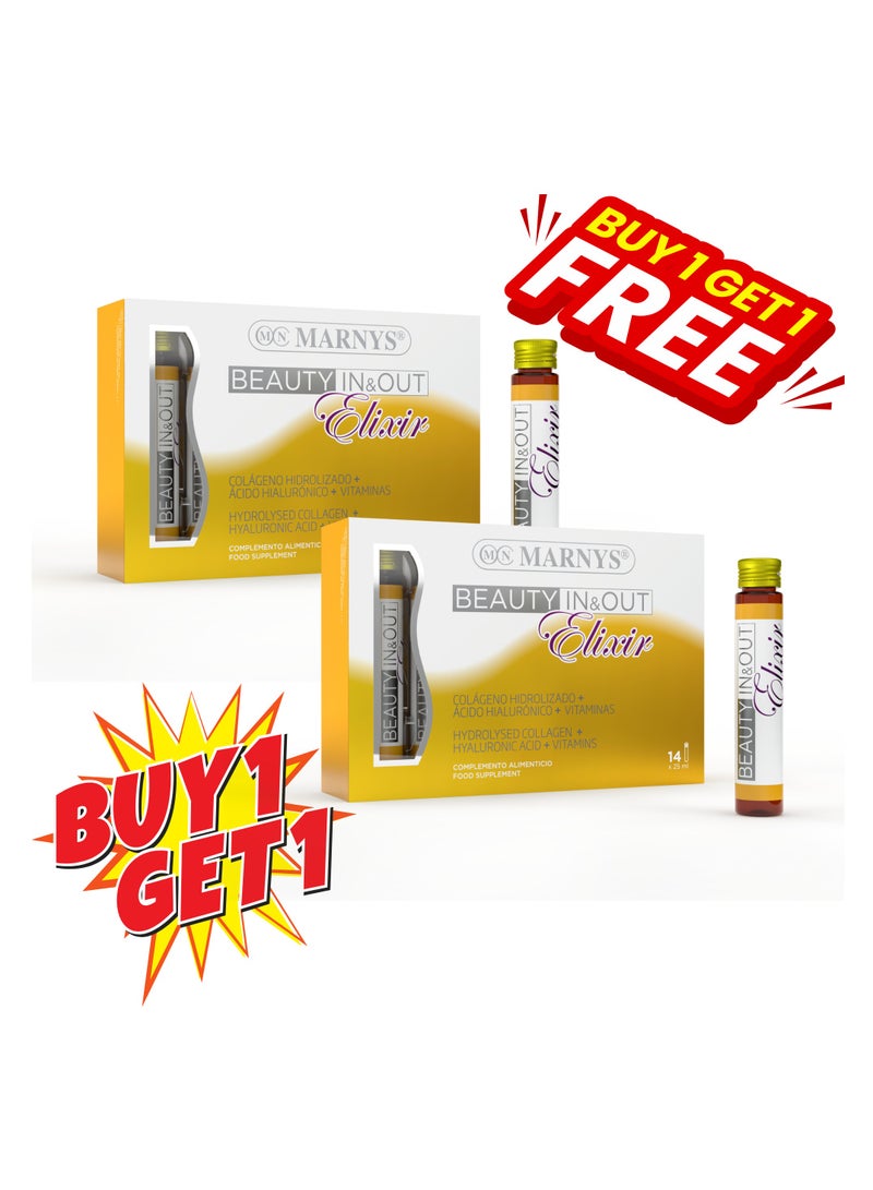 Marnys Beauty In & Out Elixir - 5000 mg Hydrolyzed Collagen Type 1 Shots - Hyaluronic Acid - Vitamins & Minerals - Skin Firmness - Hydration & Anti-Aging - 14 Drinkable Vials - Buy One Get One Free - Image 1