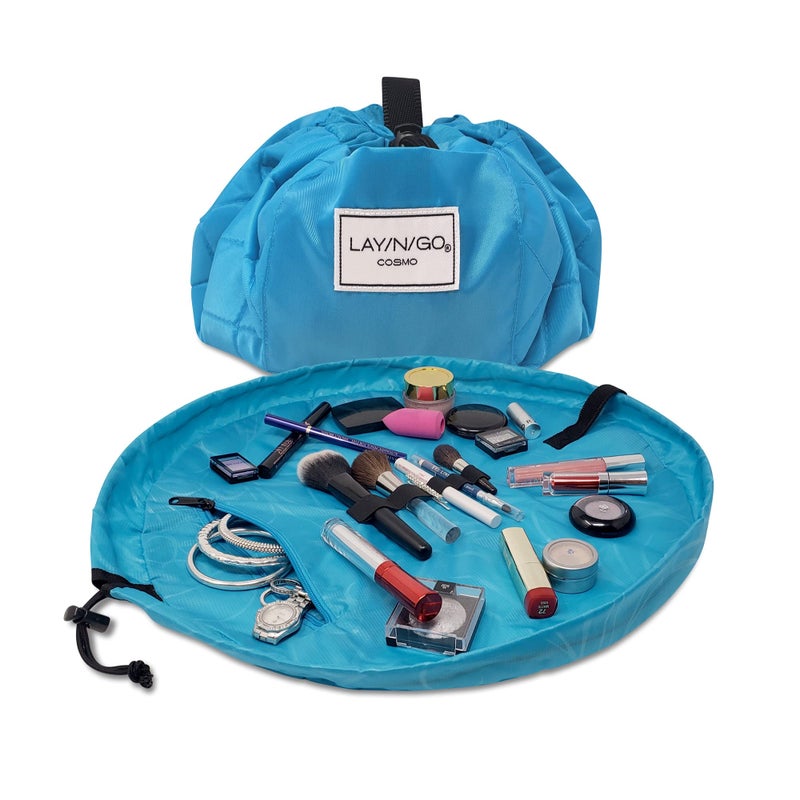 Lay-n-Go Cosmo Layflat Drawstring Cosmetic & Makeup Bag Organizer w/Zipper Pocket, Brush Loops & More, Cinch to Close, Lay Flat to Use, Durable, Machine Wash, Travel Toiletry Bag (20", Ocean Blue) - Image 1