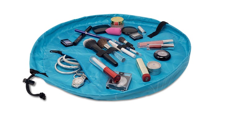 Lay-n-Go Cosmo Layflat Drawstring Cosmetic & Makeup Bag Organizer w/Zipper Pocket, Brush Loops & More, Cinch to Close, Lay Flat to Use, Durable, Machine Wash, Travel Toiletry Bag (20", Ocean Blue) - Image 4