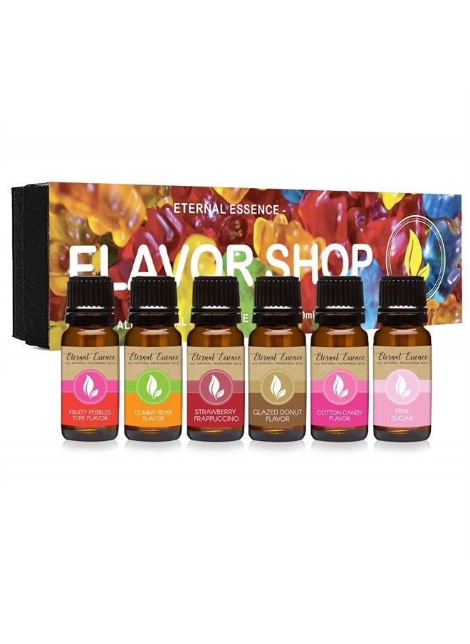 Eternal Essence Oils - Flavor Shop - Gift Set Of 6 All Natural Flavoring Oils - Fruity Pebbles Type, Gummy Bear, Strawberry Frappuccino, Cotton Candy, Glazed Donut and Pink Sugar - 10ML - Image 1